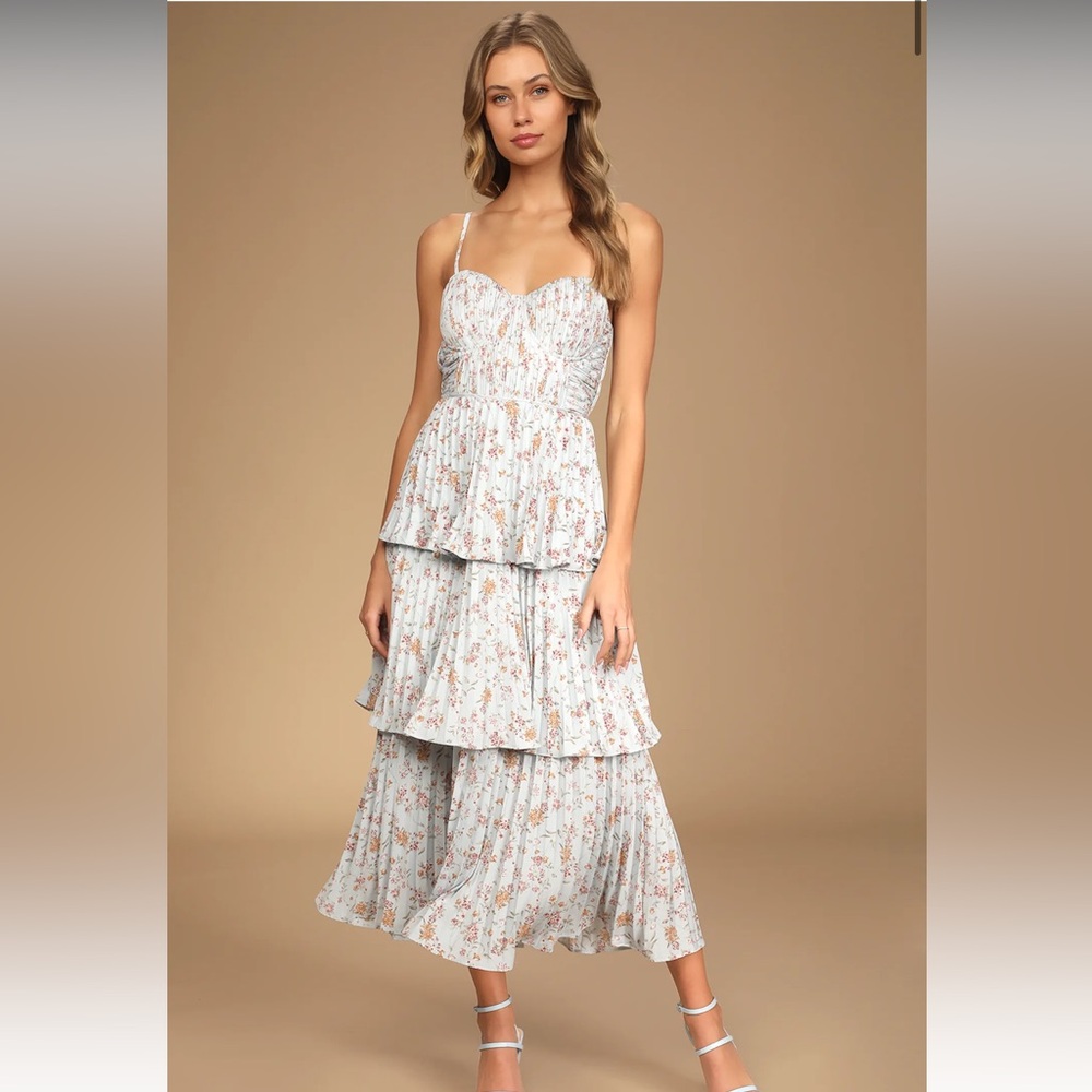 Lulus Cascading Crush Pale Blue Floral Print Tiered Bustier Midi Dress